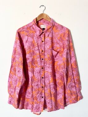 Universal Thread Floral Button Front Shirt Linen Blend Pink Orange Size XXL NWOT